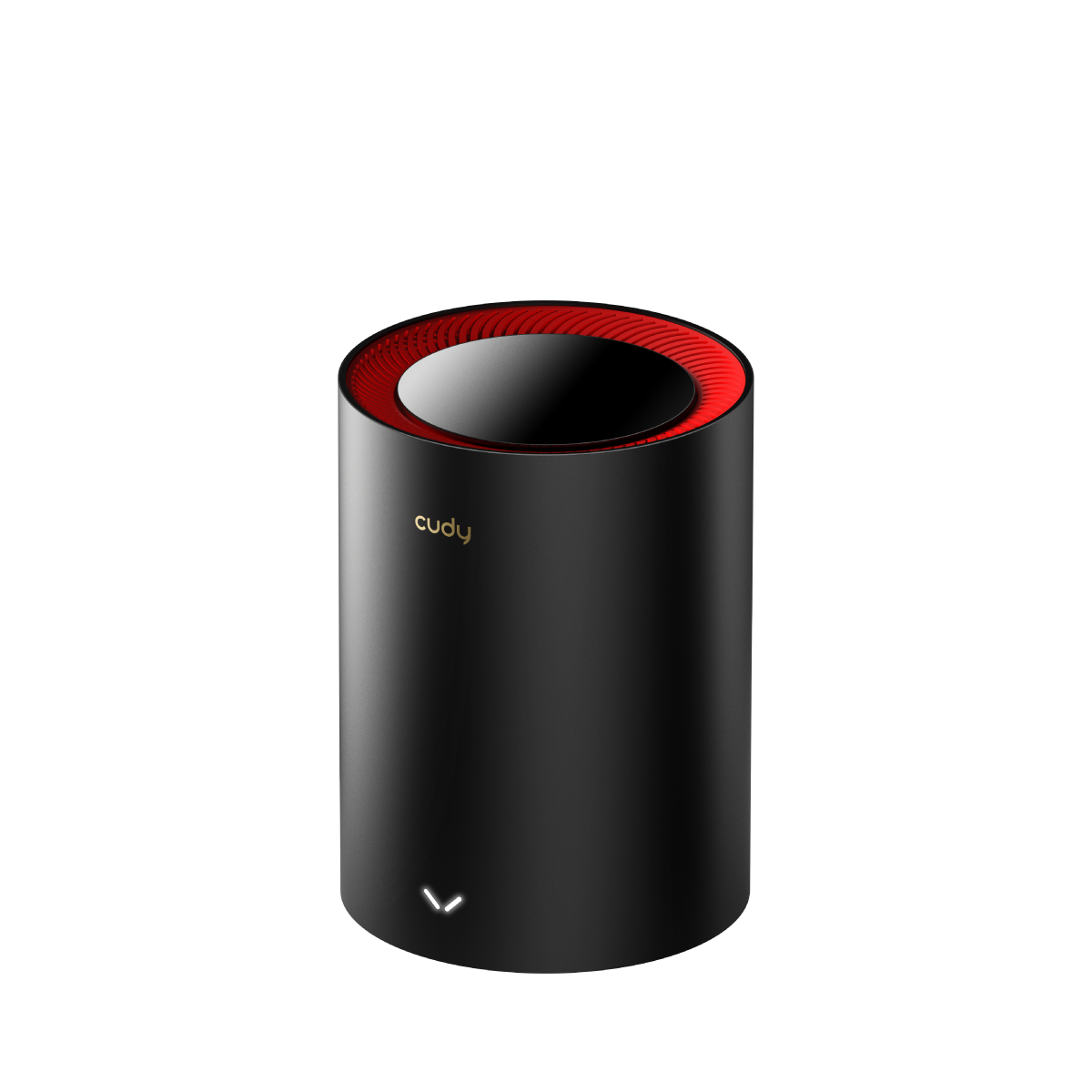 MeshNode router, matte black cylindrical mesh node with red accent ring
