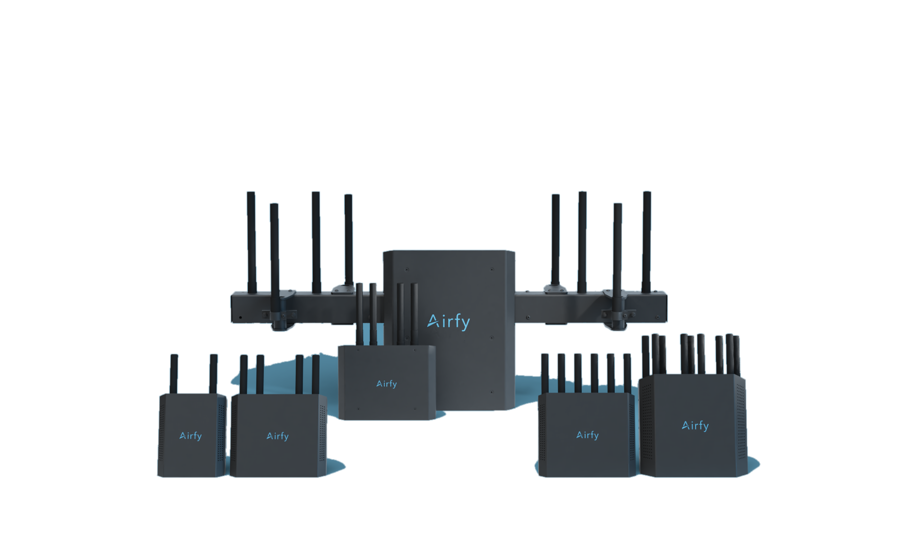 Five MeshNode routers, the full family showing the mesh